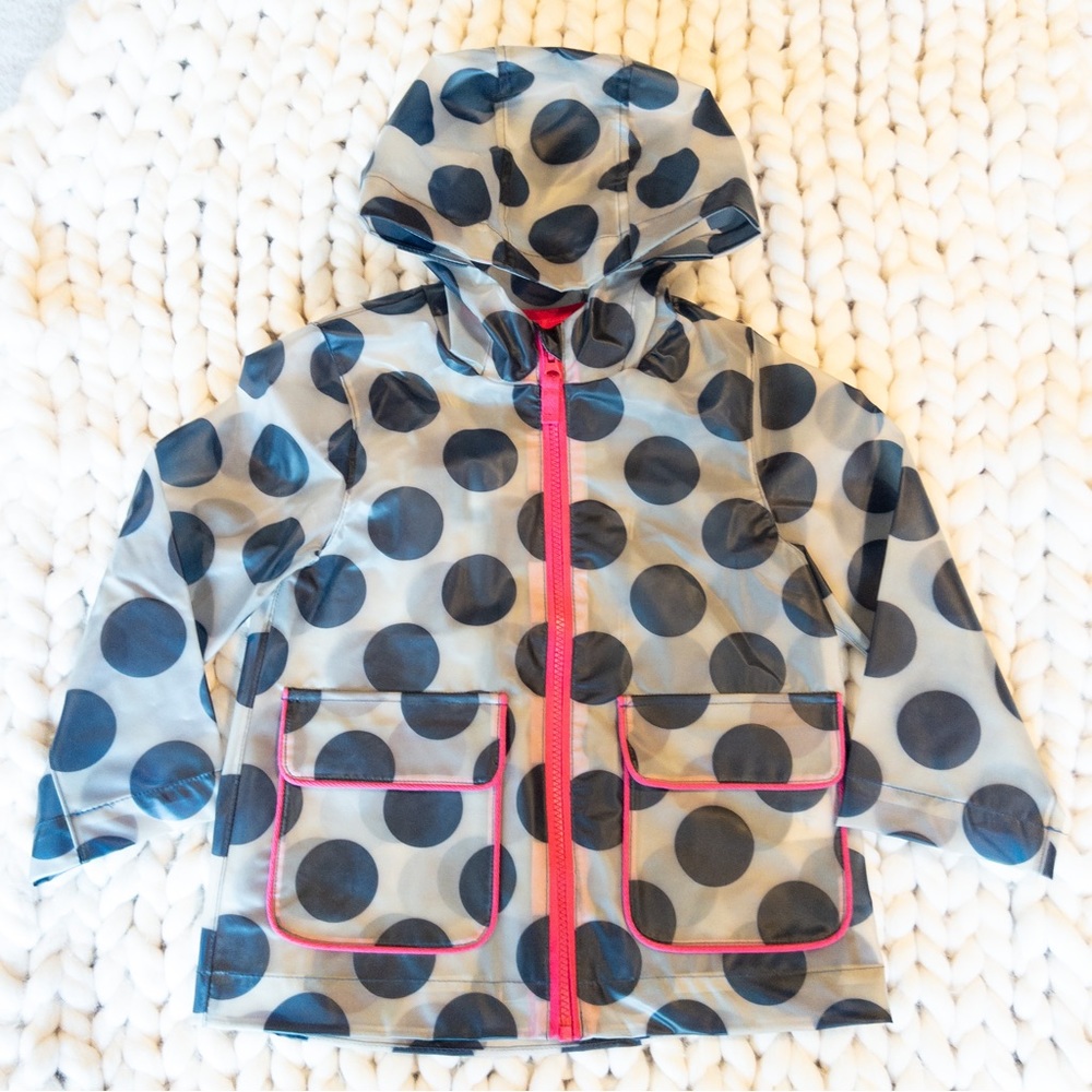 Mini Boden Girls Transparent Polka Dot Raincoat Navy Blue Pink Size 4-5 Years
